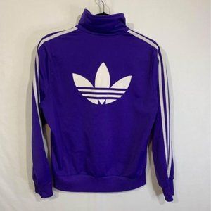 ADIDAS originals purple coat. 3 stripes on sleeves. Large logo on back size larg